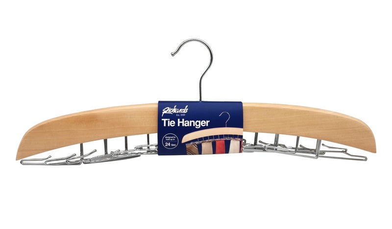 Richards Wooden Tie Rack Hanging Organizer for Mens Closet Accessories, Space Saving Necktie Holder for Storage and Display, Holds 24 Ties, Hook, Natural Wood with Chrome Accents - Image 5